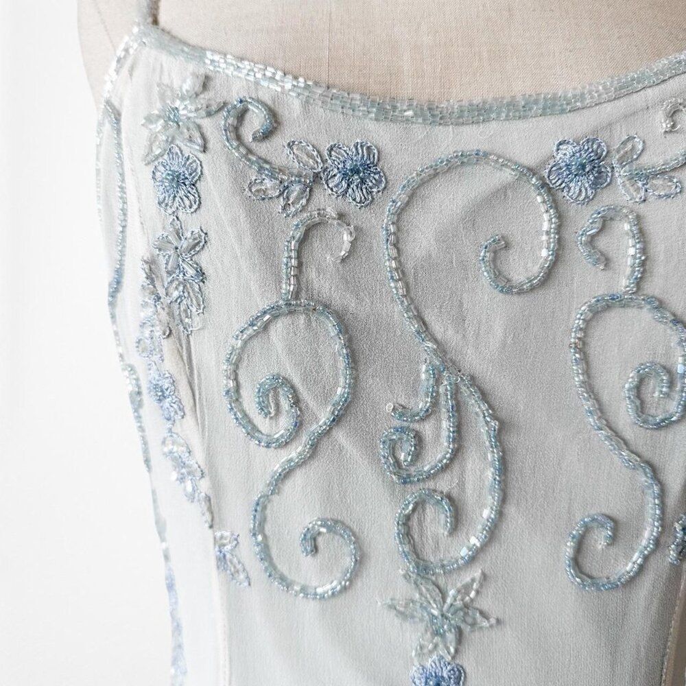 Vintage Y2K Silk Baby Blue Cream Bodycon Floral Beaded Maxi Prom Dress Size S - Picture 8 of 9